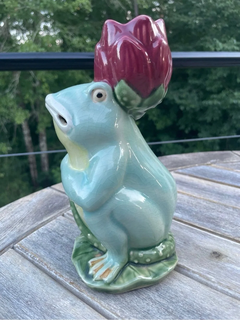 Vintage Wanjiang Majolica Frog Ceramic Candlestick Holder 8”